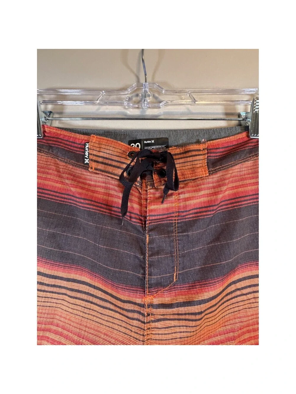 Hurley Mens Board Shorts Size 30 Orange Red Striped Swim Trunks Logo Beachwear